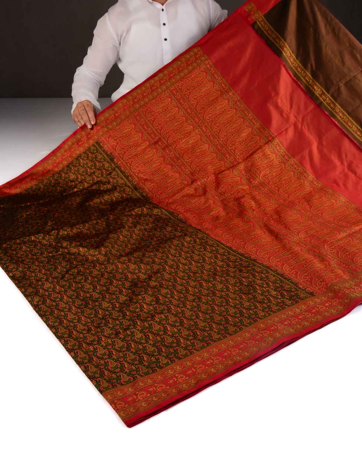 Black Banarasi Multi-Color Resham Paisley Jamawar Handwoven Katan Silk Saree-HolyWeaves