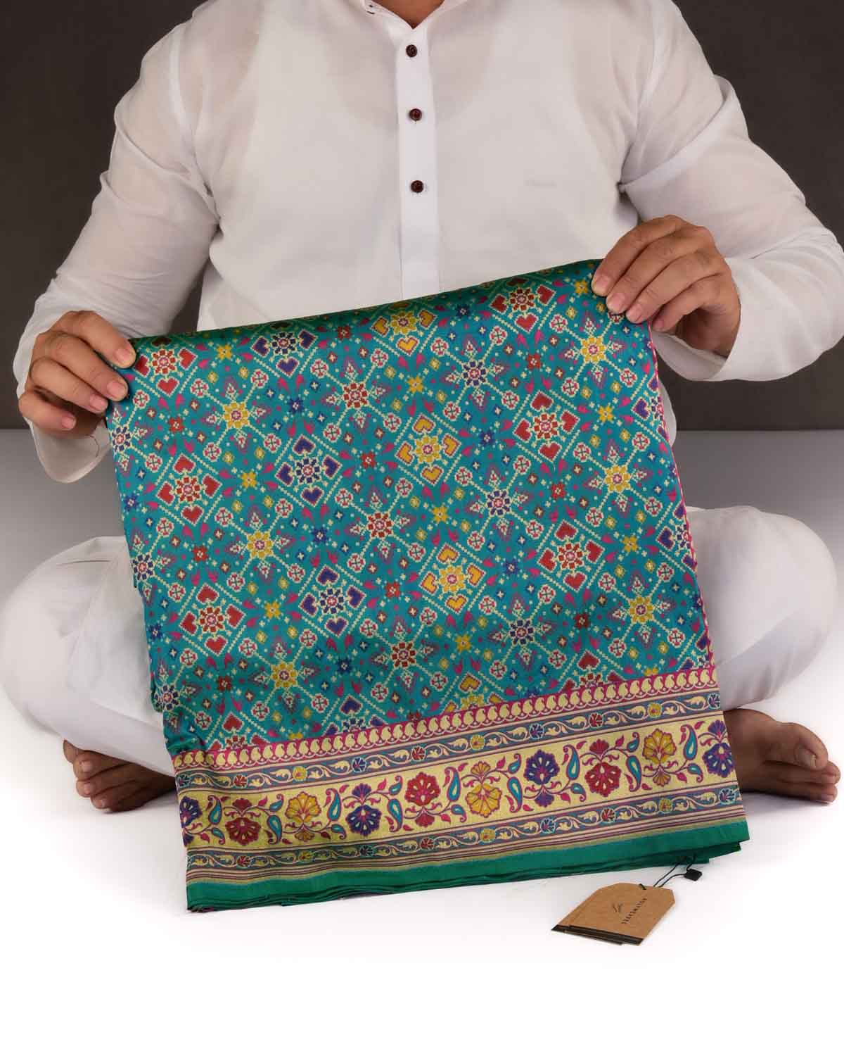 Shot Blue-Green Banarasi Patola Cutwork Brocade Handwoven Katan Silk Saree-HolyWeaves