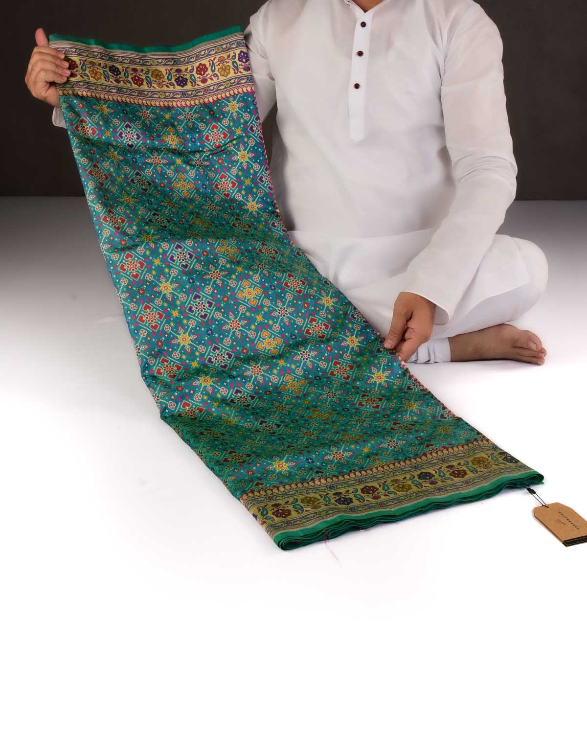 Shot Blue-Green Banarasi Patola Cutwork Brocade Handwoven Katan Silk Saree-HolyWeaves