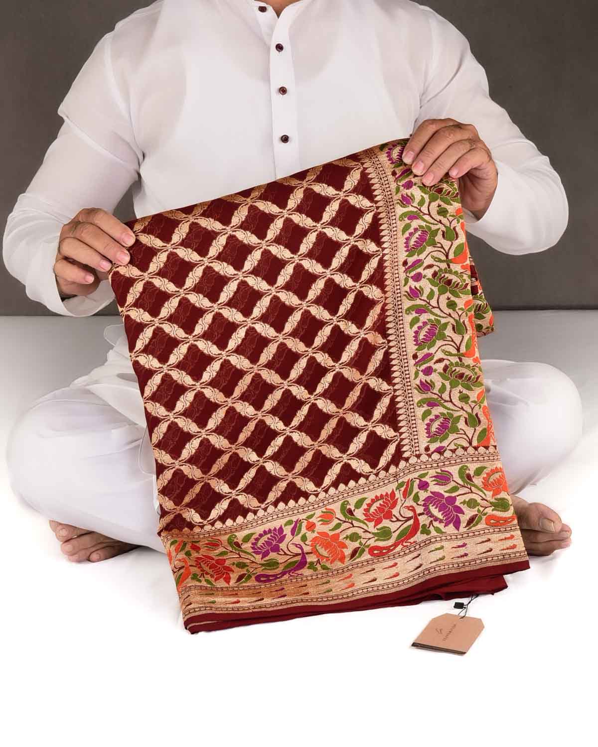 Maroon Gold Zari Cutwork Brocade Handwoven Khaddi Georgette Banarasi Saree with Peacock Parrot & Lotus Border Pallu-HolyWeaves