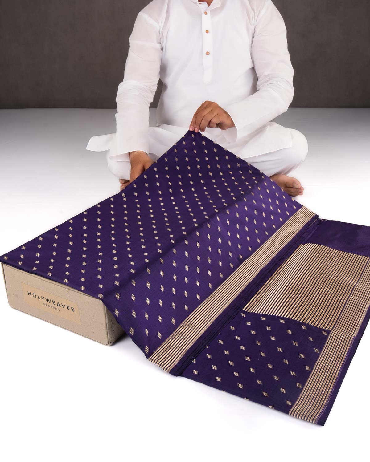 Navy Blue Banarasi Gold Zari Contemporary Cutwork Brocade Handwoven Katan Silk Saree with Spider Web Blouse Piece-HolyWeaves