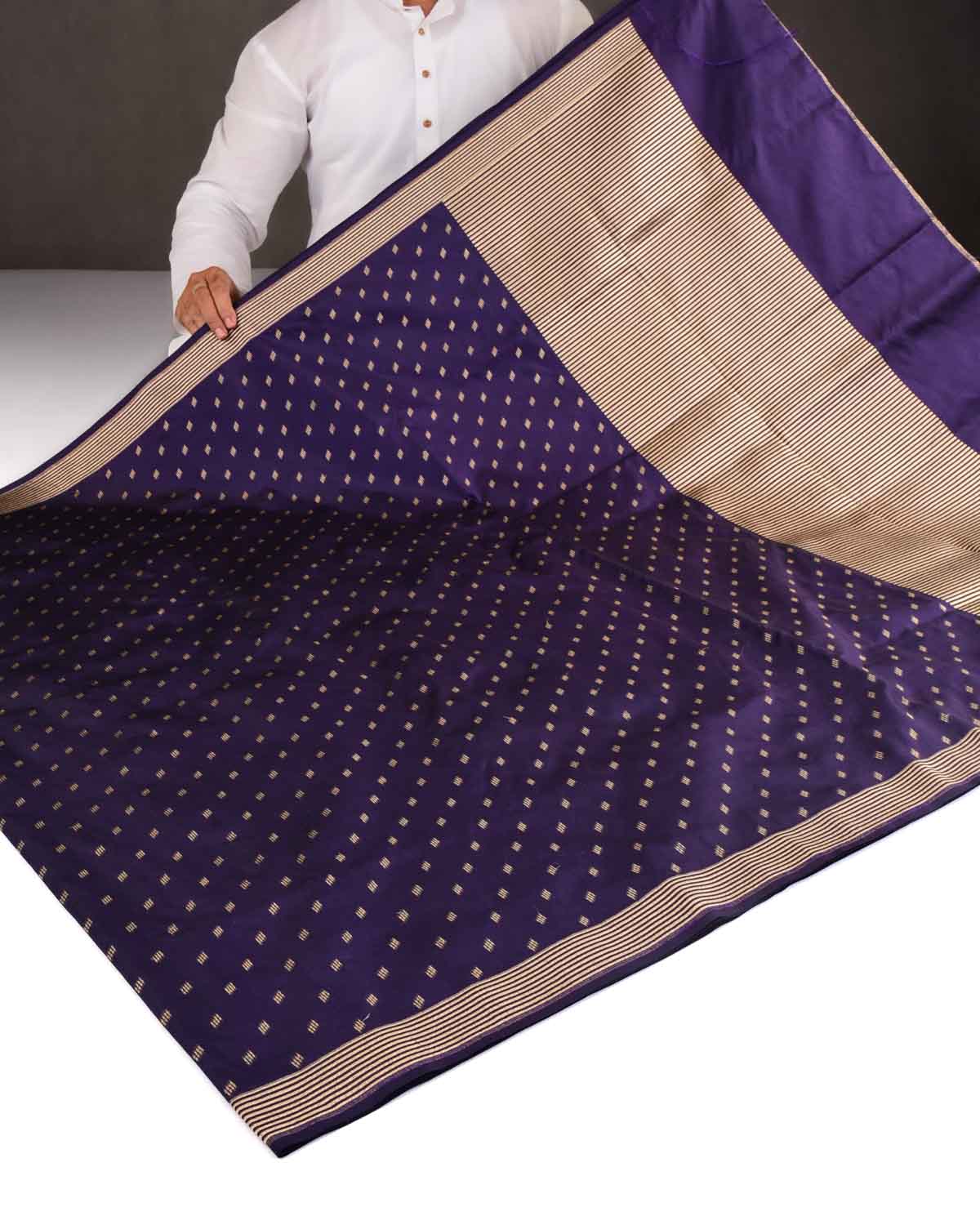 Navy Blue Banarasi Gold Zari Contemporary Cutwork Brocade Handwoven Katan Silk Saree with Spider Web Blouse Piece-HolyWeaves