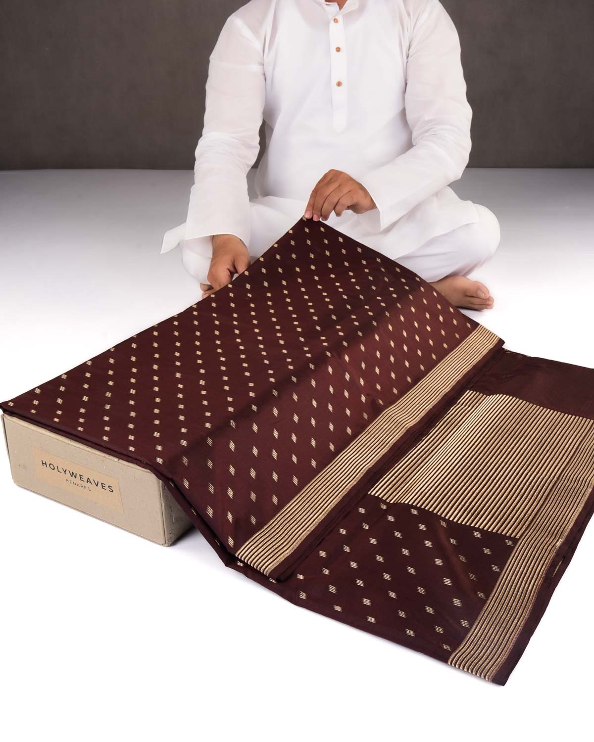 Mahogany Banarasi Gold Zari Contemporary Cutwork Brocade Handwoven Katan Silk Saree with Spider Web Blouse Piece-HolyWeaves