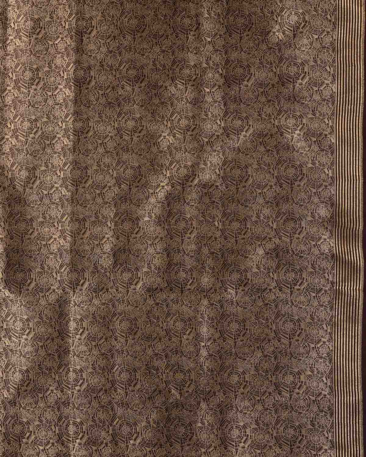 Mahogany Banarasi Gold Zari Contemporary Cutwork Brocade Handwoven Katan Silk Saree with Spider Web Blouse Piece-HolyWeaves