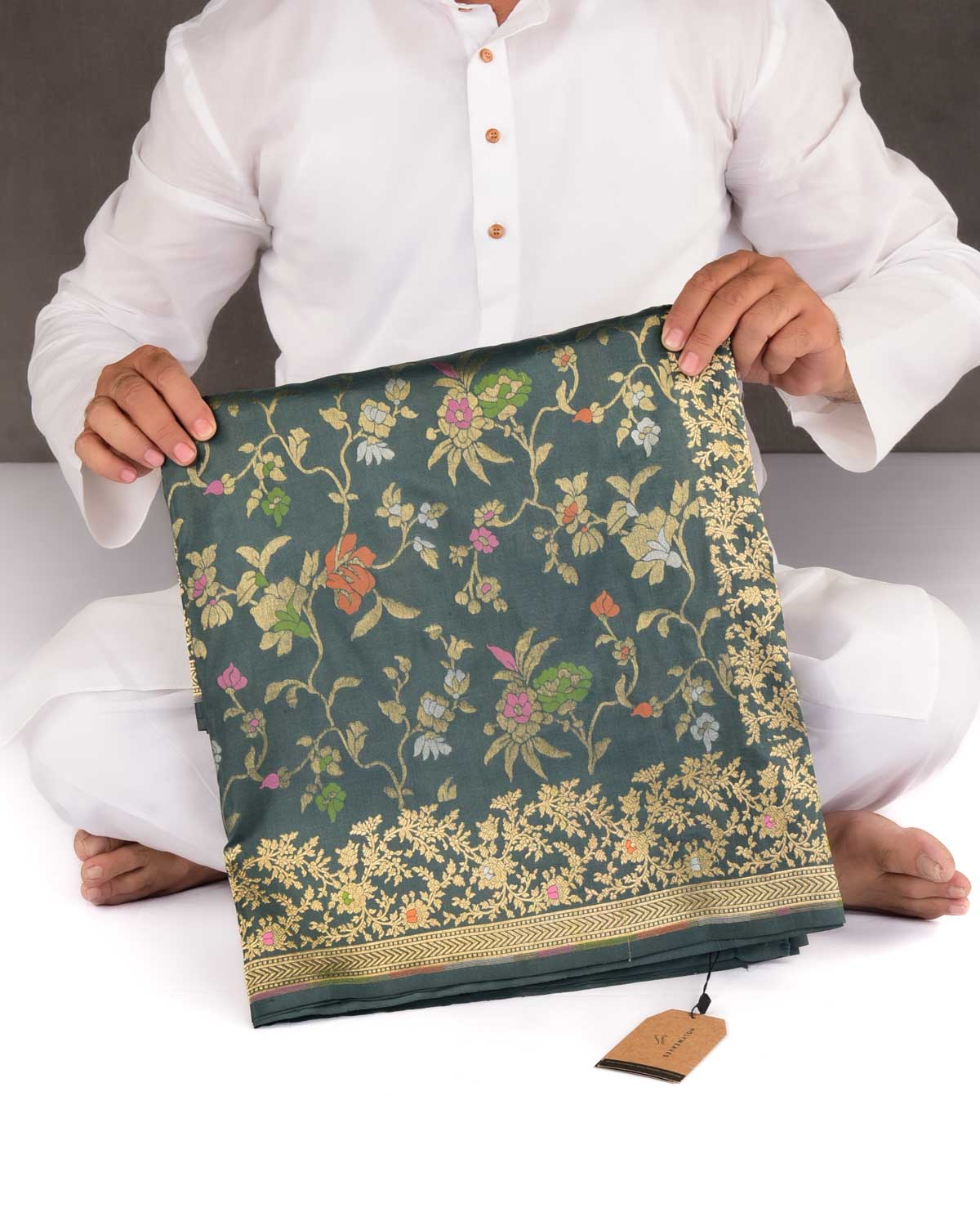 Forest Gray Banarasi Gold Zari & Resham Paudi Jaal Cutwork Brocade Handwoven Katan Silk Saree-HolyWeaves