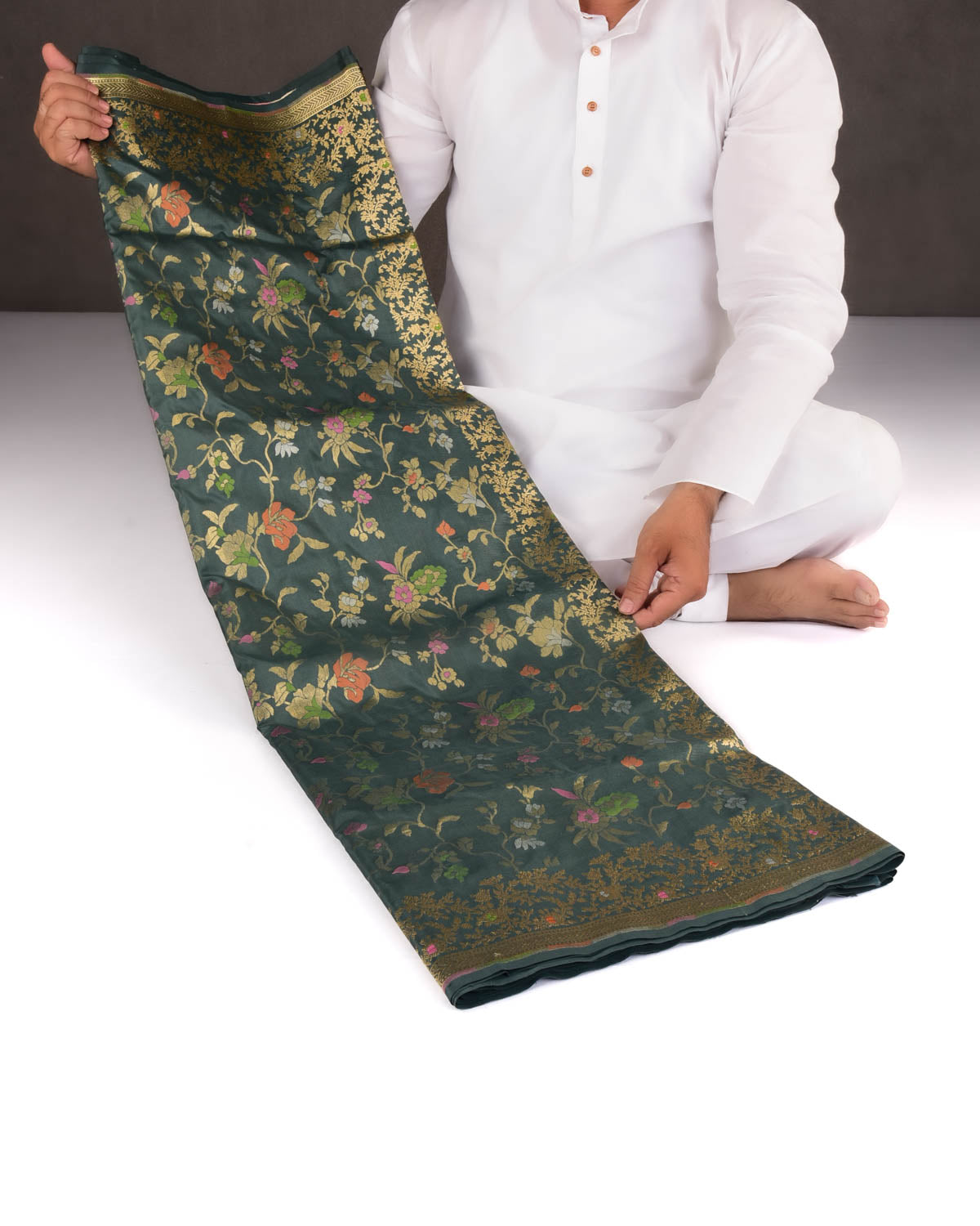 Forest Gray Banarasi Gold Zari & Resham Paudi Jaal Cutwork Brocade Handwoven Katan Silk Saree-HolyWeaves