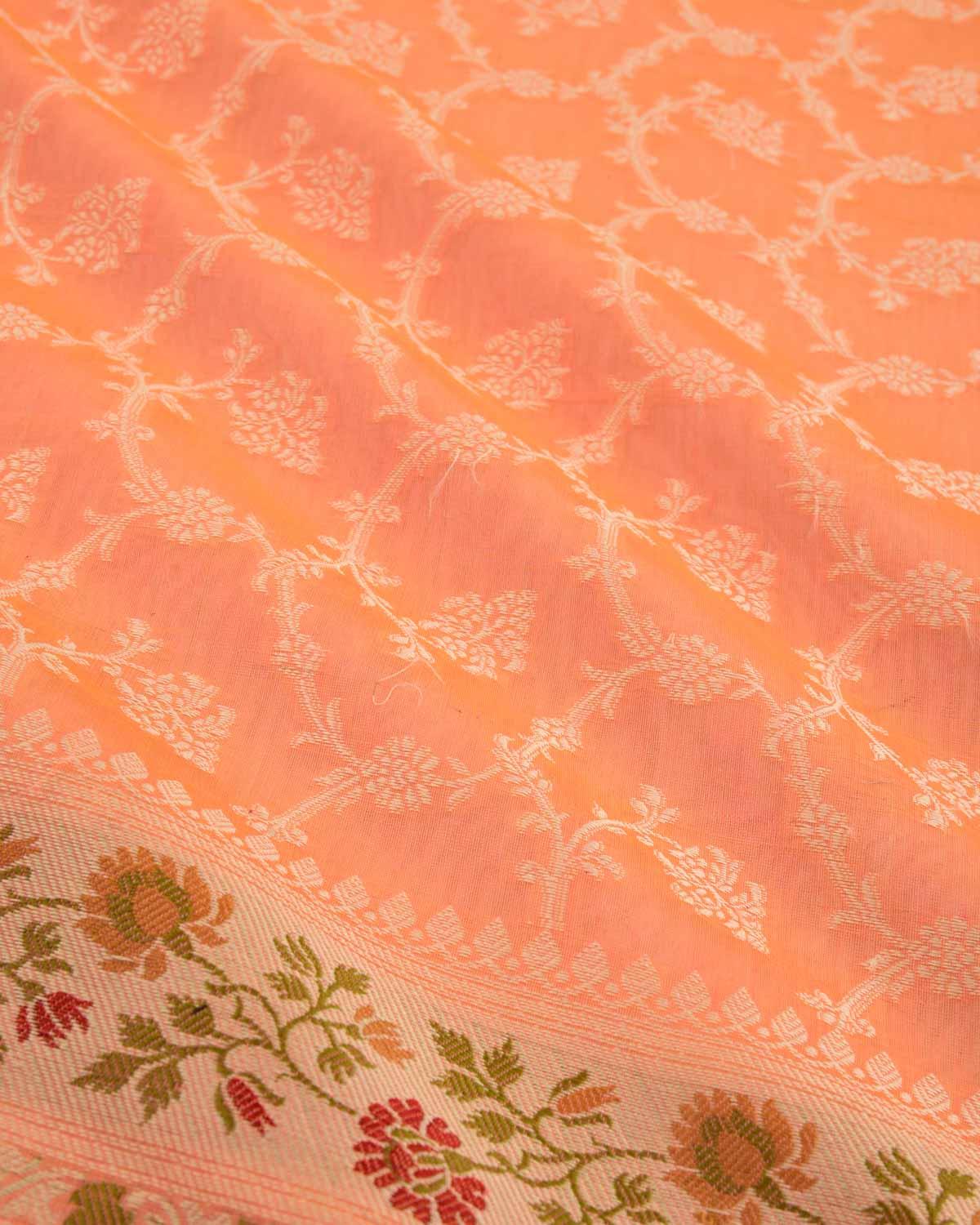 Peach Banarasi Resham Jaal Cutwork Brocade Woven Cotton Silk Saree with Meenekari Border Pallu-HolyWeaves