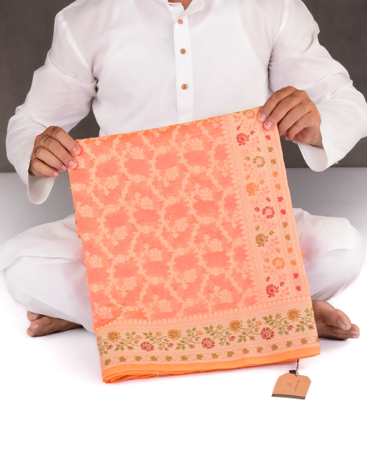 Peach Banarasi Resham Jaal Cutwork Brocade Woven Cotton Silk Saree with Meenekari Border Pallu-HolyWeaves
