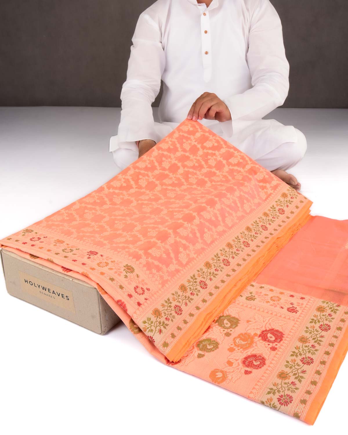 Peach Banarasi Resham Jaal Cutwork Brocade Woven Cotton Silk Saree with Meenekari Border Pallu-HolyWeaves