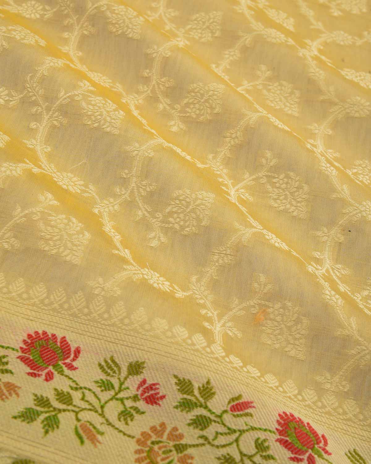 Gray Green Banarasi Resham Jaal Cutwork Brocade Woven Cotton Silk Saree with Meenekari Border Pallu-HolyWeaves