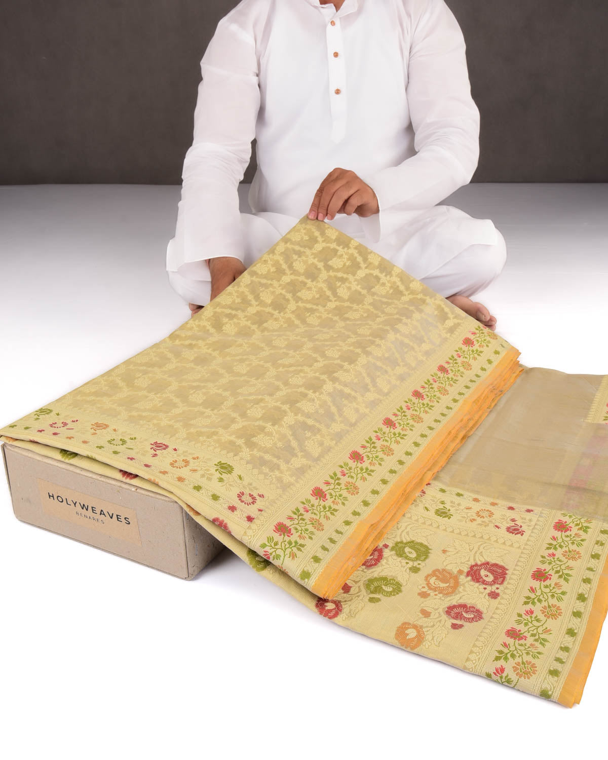 Gray Green Banarasi Resham Jaal Cutwork Brocade Woven Cotton Silk Saree with Meenekari Border Pallu-HolyWeaves