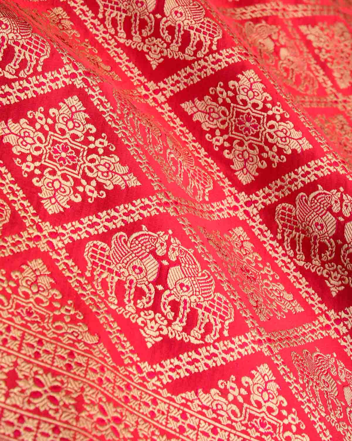 Bridal Red Gold Zari Horses Buta Grids Brocade Handwoven Katan Silk Banarasi Saree with Pink Selvage-HolyWeaves