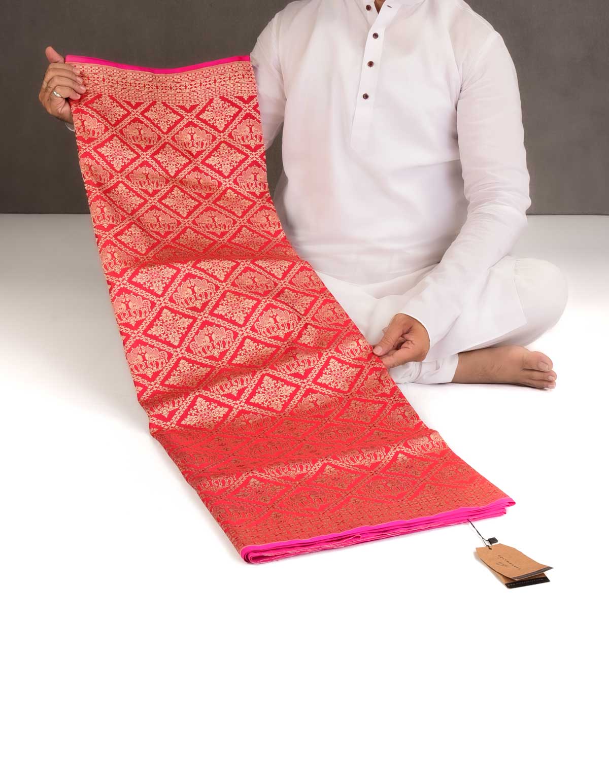 Bridal Red Gold Zari Horses Buta Grids Brocade Handwoven Katan Silk Banarasi Saree with Pink Selvage-HolyWeaves