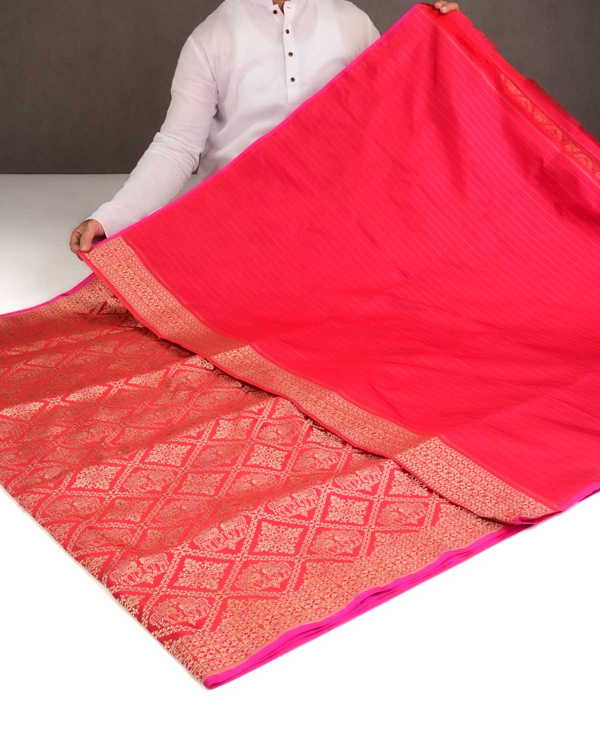 Bridal Red Gold Zari Horses Buta Grids Brocade Handwoven Katan Silk Banarasi Saree with Pink Selvage-HolyWeaves