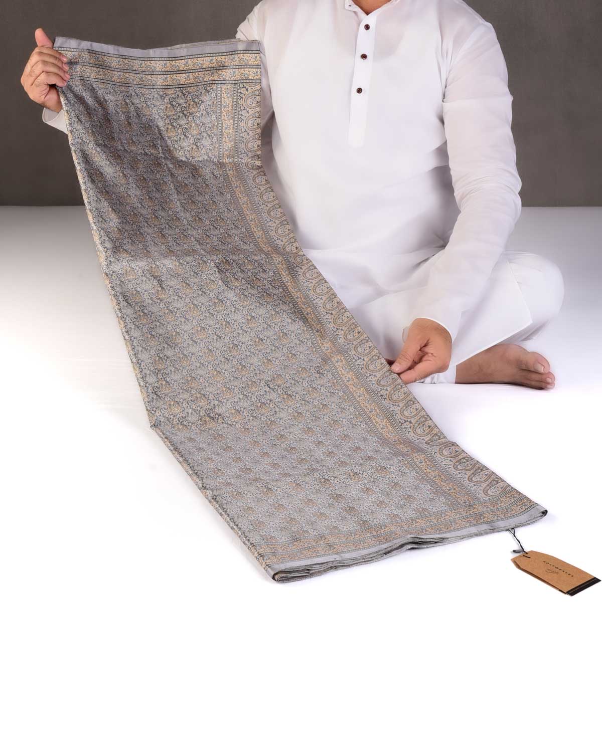 Gray Tehri Paisley Ektara Jamawar Handwoven Katan Silk Banarasi Saree-HolyWeaves
