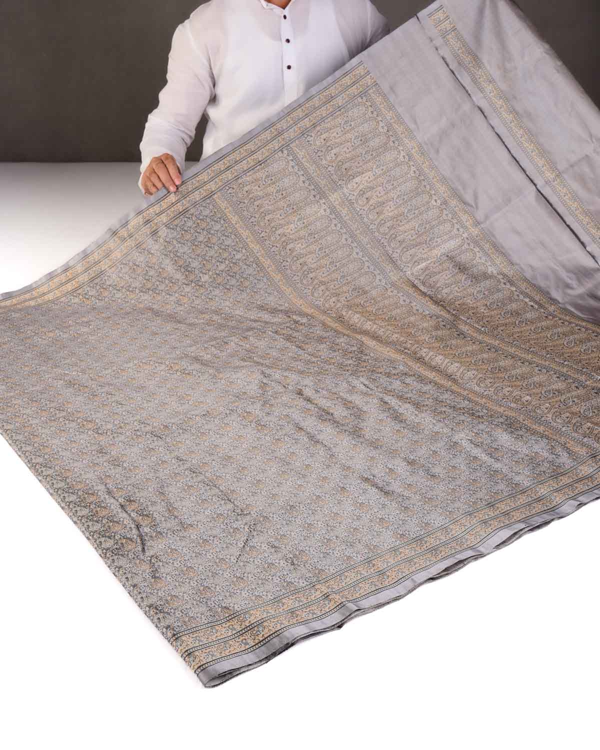 Gray Tehri Paisley Ektara Jamawar Handwoven Katan Silk Banarasi Saree-HolyWeaves