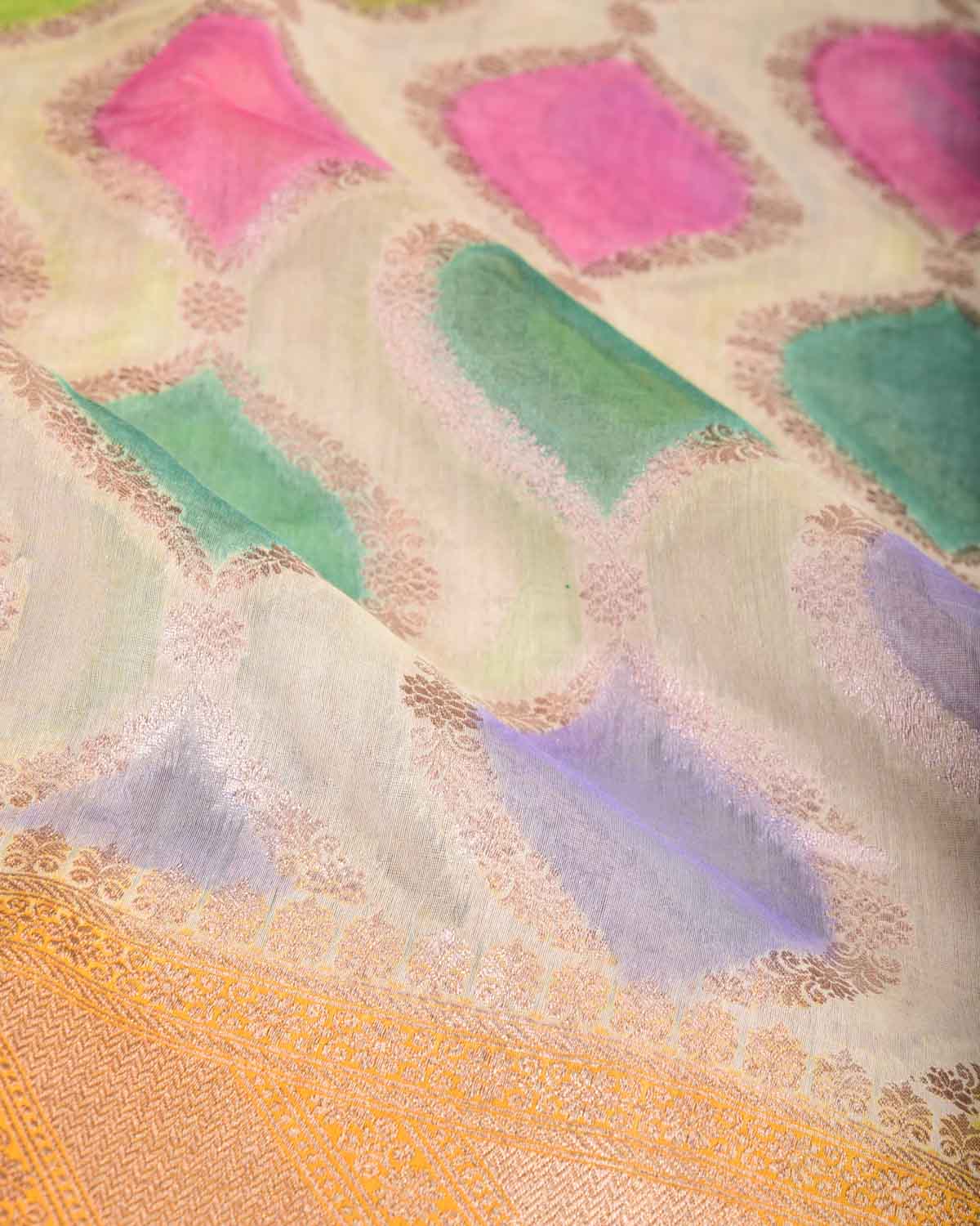 Multi-color Color Block Hand Brush Dye Gold Zari Cutwork Brocade Woven Cotton Silk Banarasi Saree-HolyWeaves