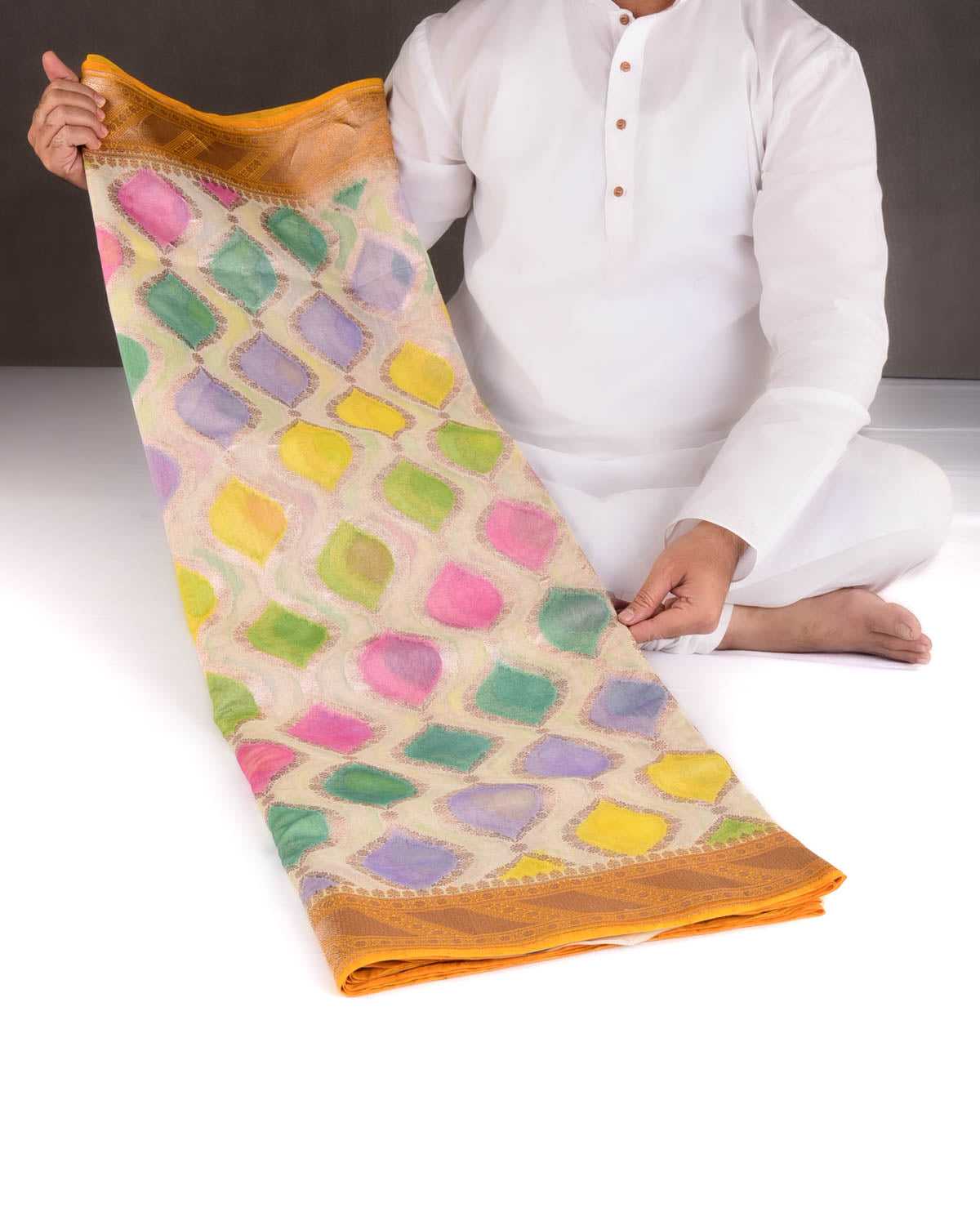 Multi-color Color Block Hand Brush Dye Gold Zari Cutwork Brocade Woven Cotton Silk Banarasi Saree-HolyWeaves