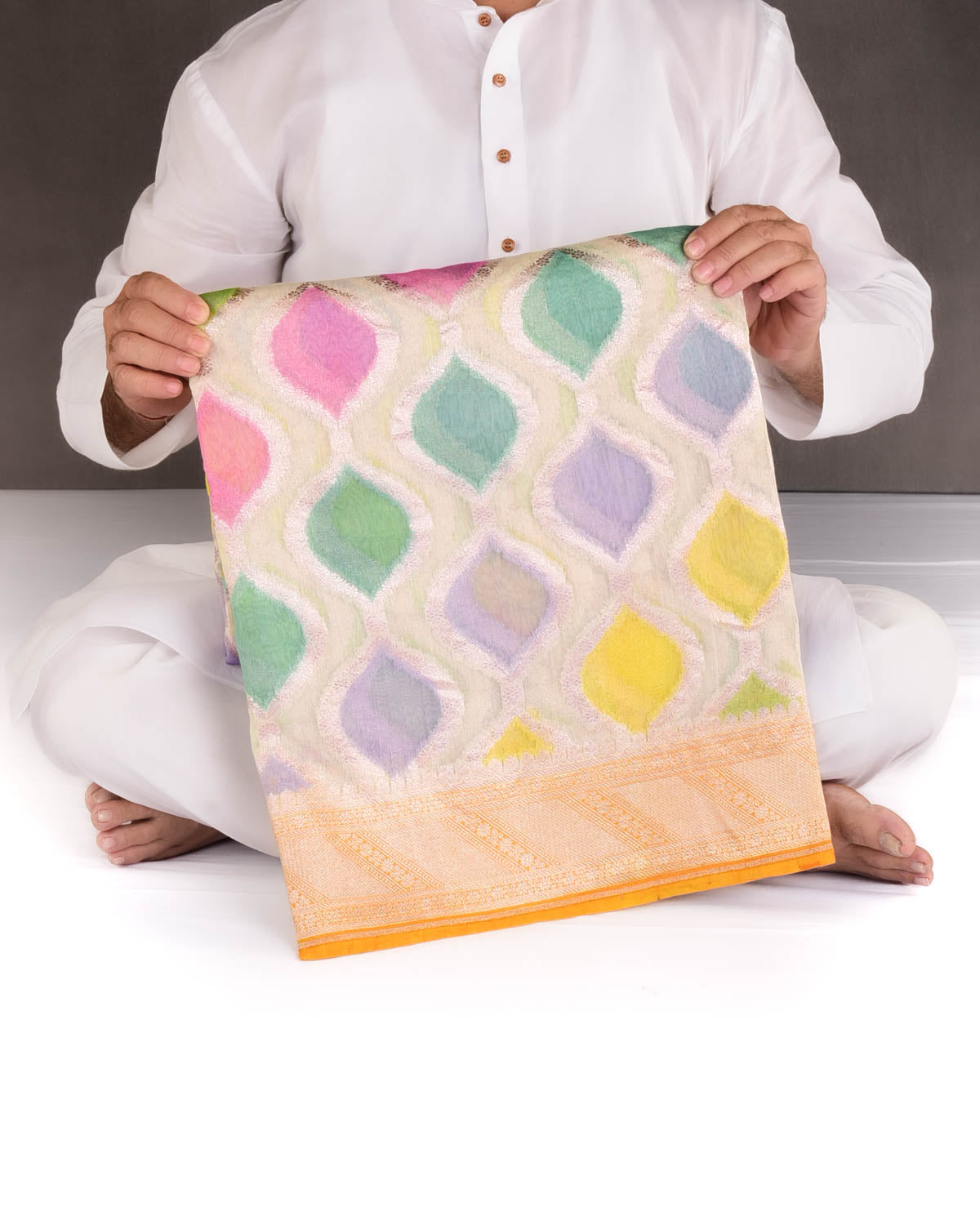 Multi-color Color Block Hand Brush Dye Gold Zari Cutwork Brocade Woven Cotton Silk Banarasi Saree-HolyWeaves