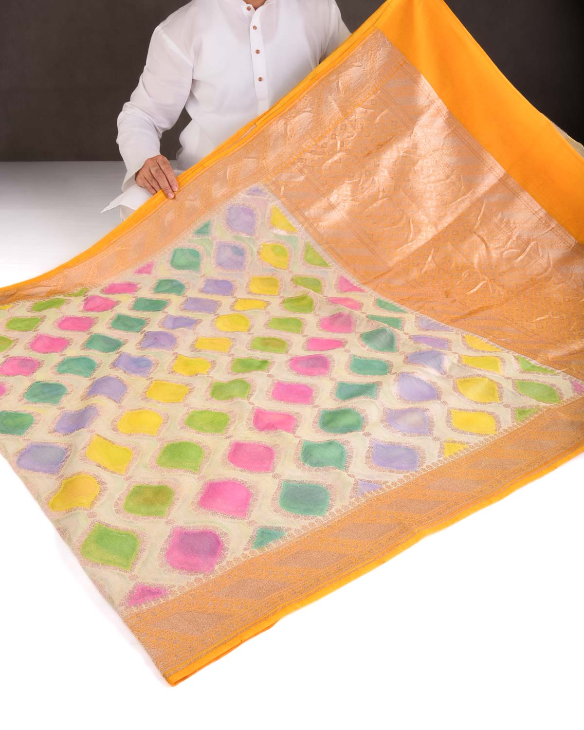 Multi-color Color Block Hand Brush Dye Gold Zari Cutwork Brocade Woven Cotton Silk Banarasi Saree-HolyWeaves