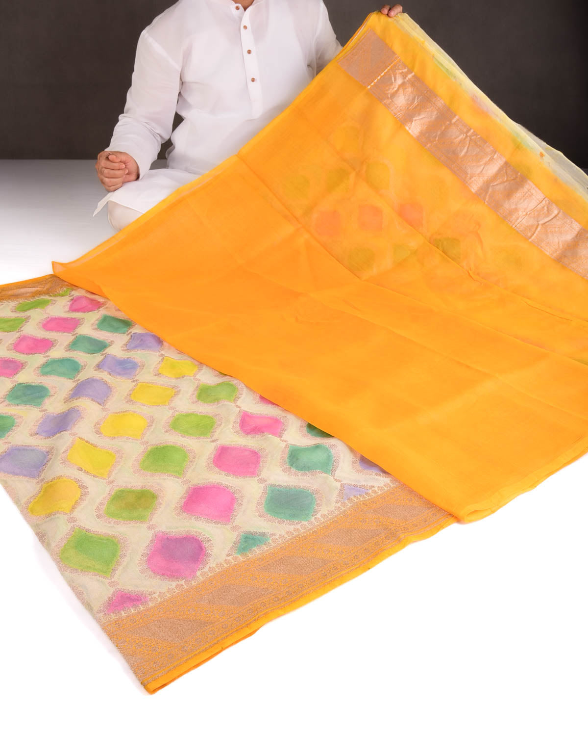 Multi-color Color Block Hand Brush Dye Gold Zari Cutwork Brocade Woven Cotton Silk Banarasi Saree-HolyWeaves