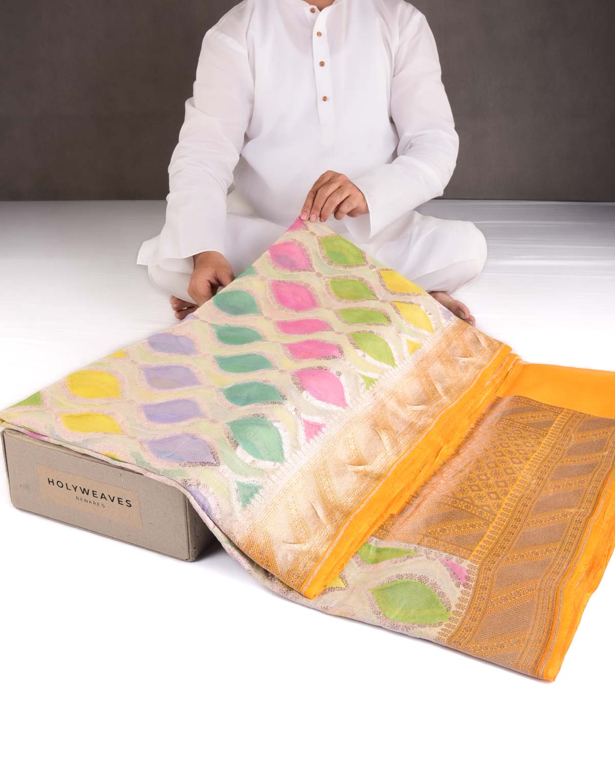 Multi-color Color Block Hand Brush Dye Gold Zari Cutwork Brocade Woven Cotton Silk Banarasi Saree-HolyWeaves