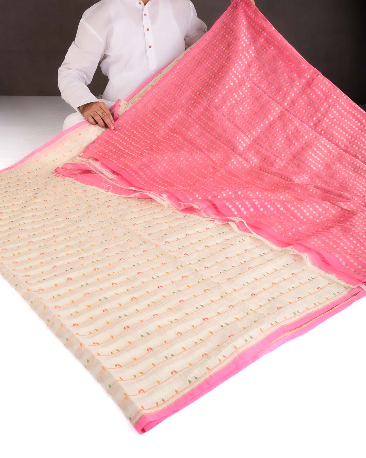 Ivory White Hand Brush Highlight Gold Zari Birds Cutwork Brocade Woven Cotton Silk Banarasi Saree-HolyWeaves