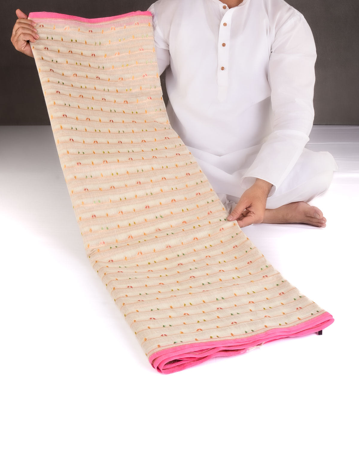 Ivory White Hand Brush Highlight Gold Zari Birds Cutwork Brocade Woven Cotton Silk Banarasi Saree-HolyWeaves