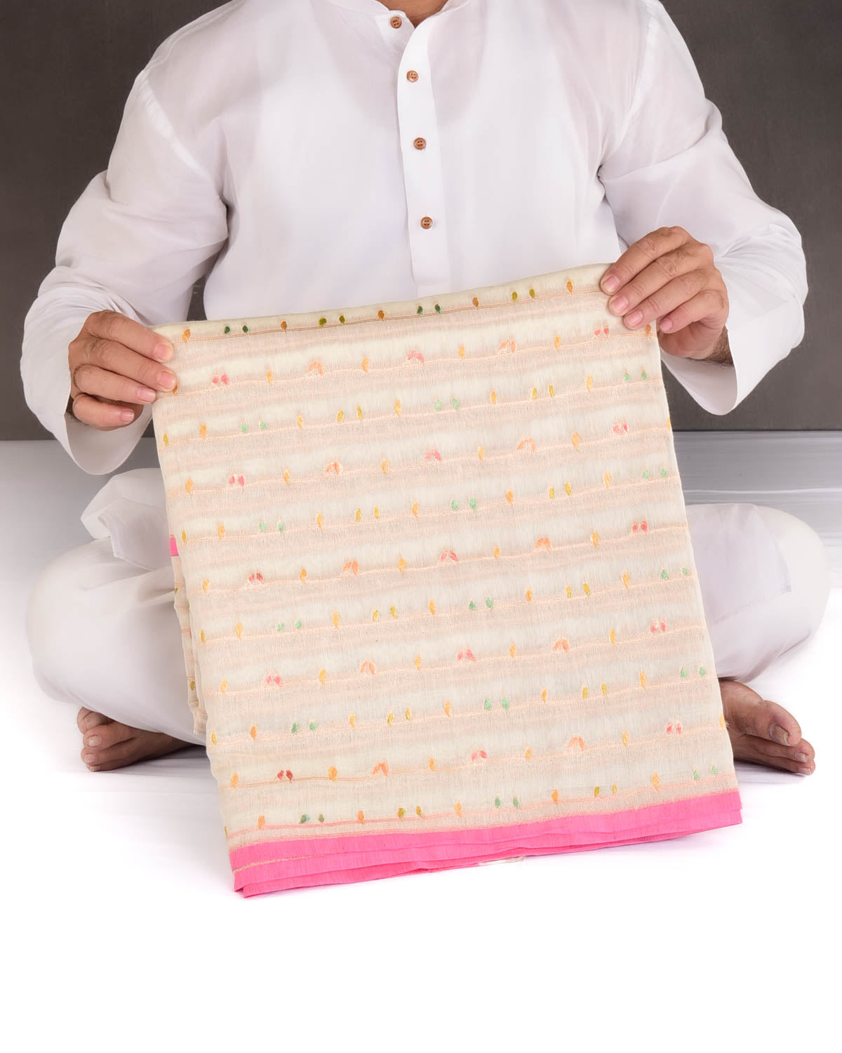 Ivory White Hand Brush Highlight Gold Zari Birds Cutwork Brocade Woven Cotton Silk Banarasi Saree-HolyWeaves