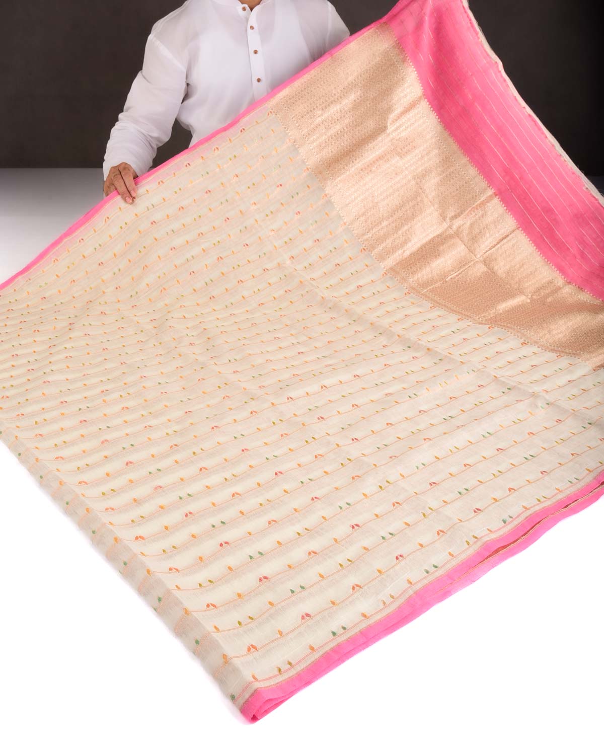 Ivory White Hand Brush Highlight Gold Zari Birds Cutwork Brocade Woven Cotton Silk Banarasi Saree-HolyWeaves
