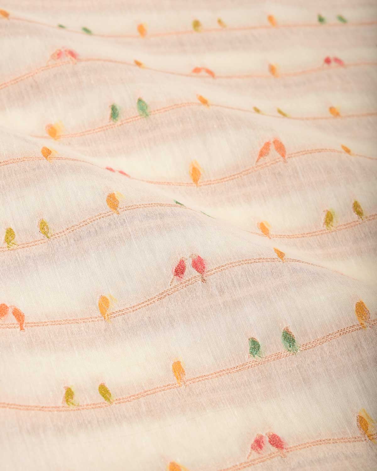 Ivory White Hand Brush Highlight Gold Zari Birds Cutwork Brocade Woven Cotton Silk Banarasi Saree-HolyWeaves