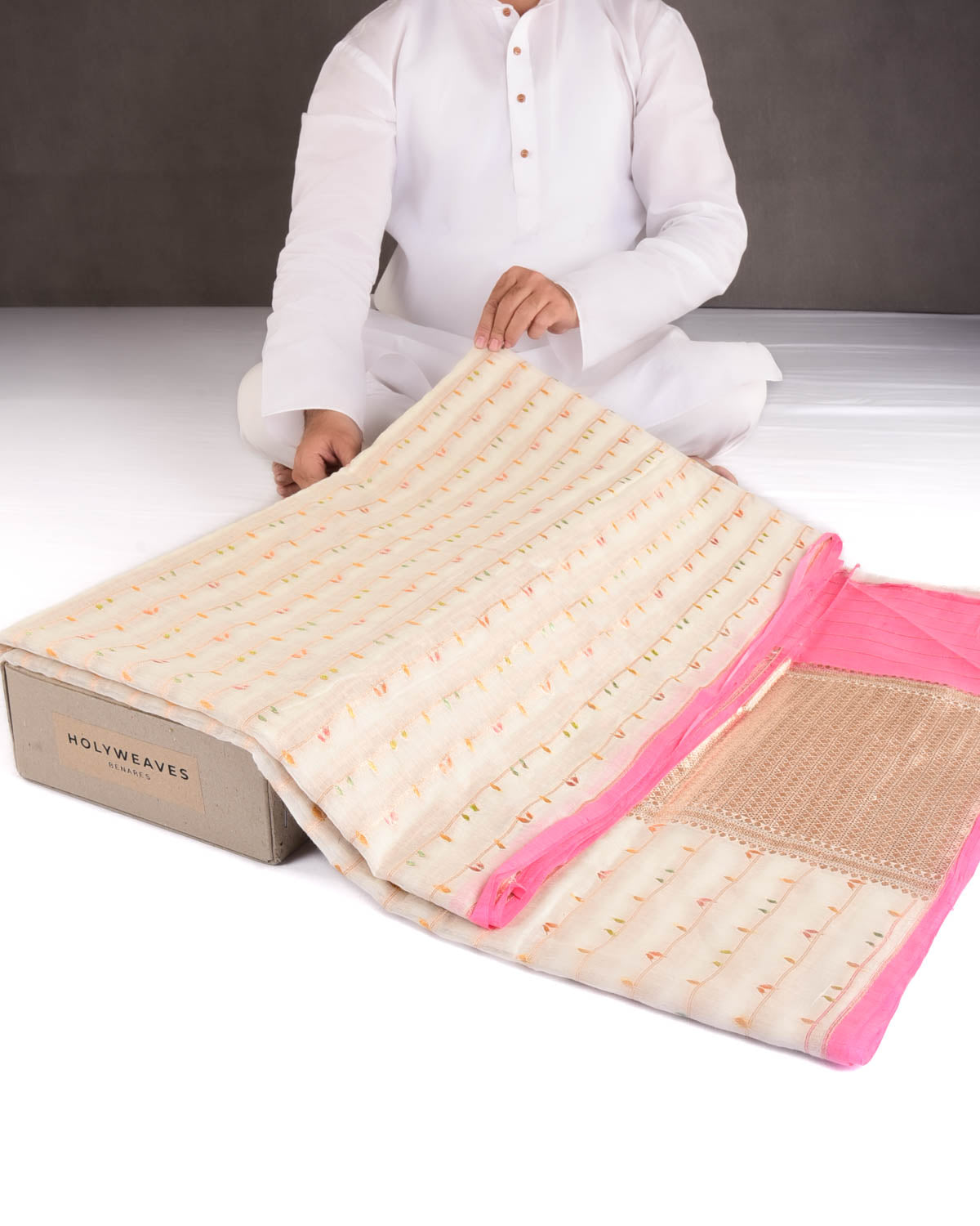 Ivory White Hand Brush Highlight Gold Zari Birds Cutwork Brocade Woven Cotton Silk Banarasi Saree-HolyWeaves