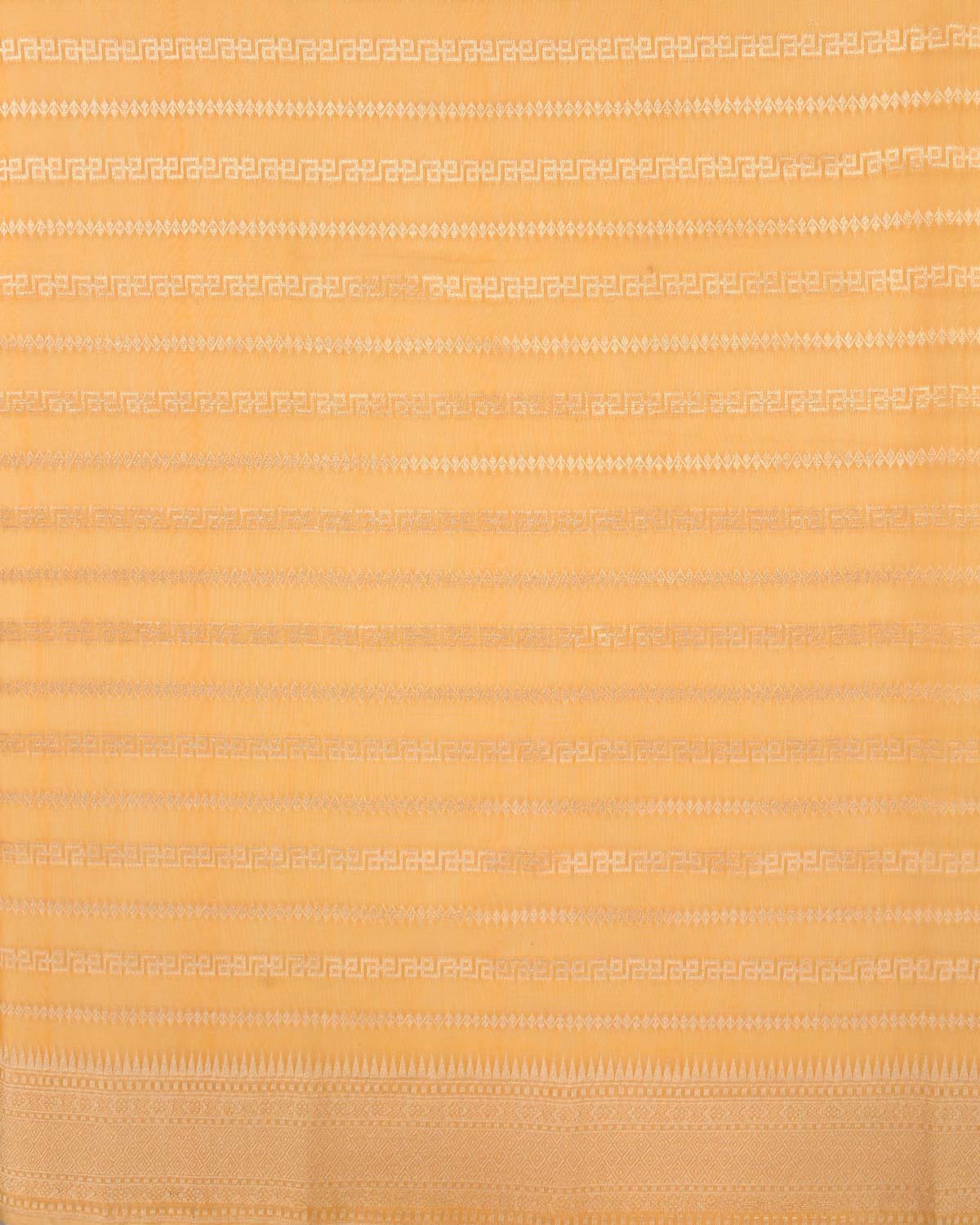 Yellow Orange Banarasi Light Gold Zari Ornament Stripes Cutwork Brocade Woven Art Cotton Silk Saree-HolyWeaves
