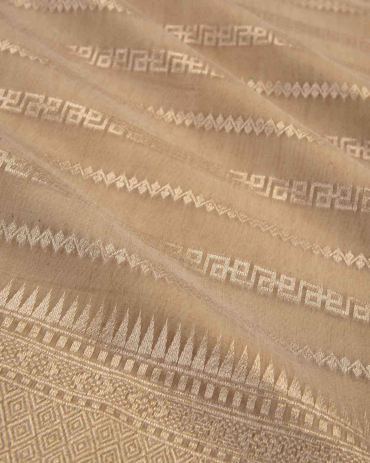 Stone Gray Banarasi Light Gold Zari Ornament Stripes Cutwork Brocade Woven Art Cotton Silk Saree-HolyWeaves
