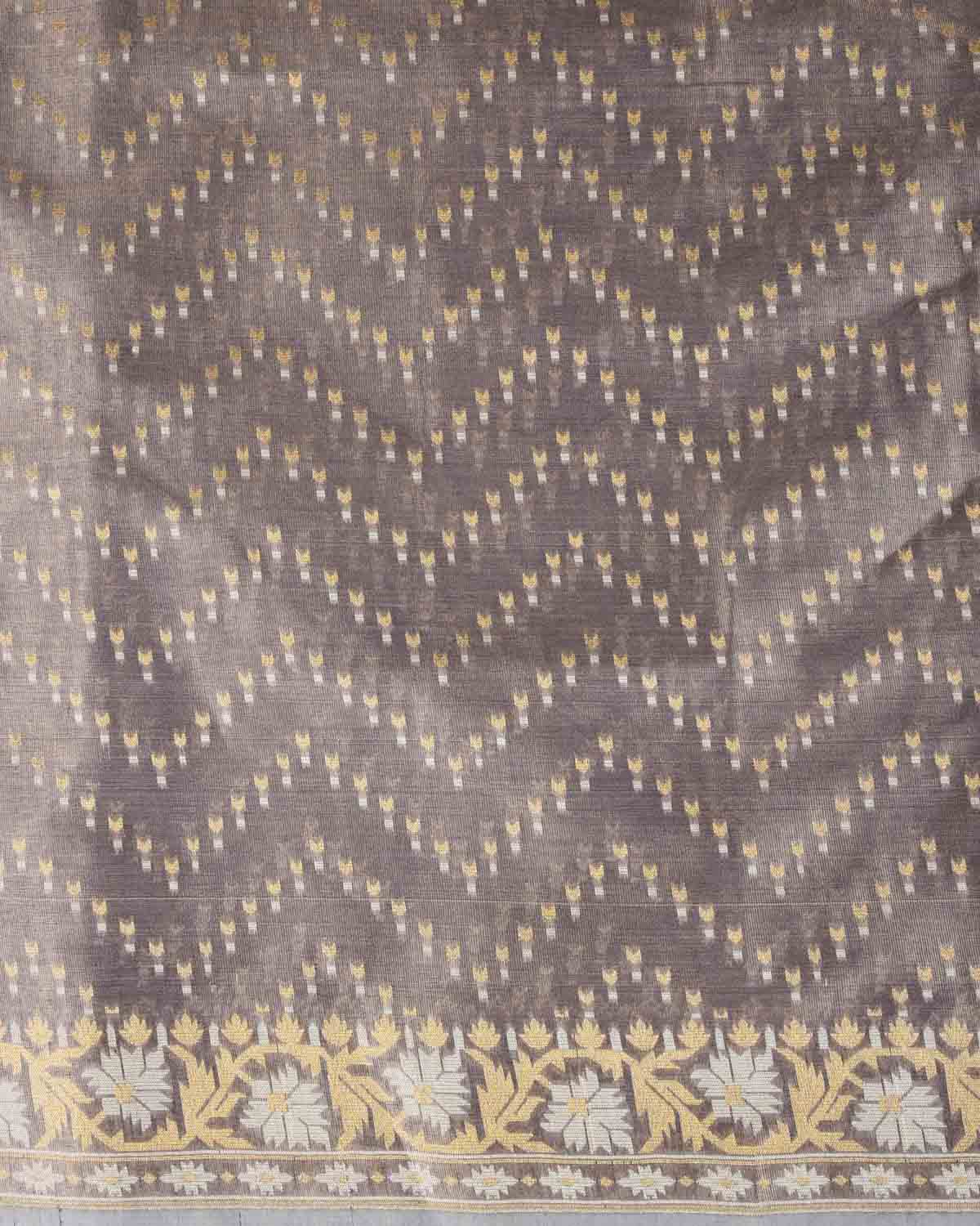 Metallic Blue-Gray Gold Zari And White Resham Chevron Buti Cutwork Brocade Woven Art Cotton Tissue Banarasi Saree-HolyWeaves
