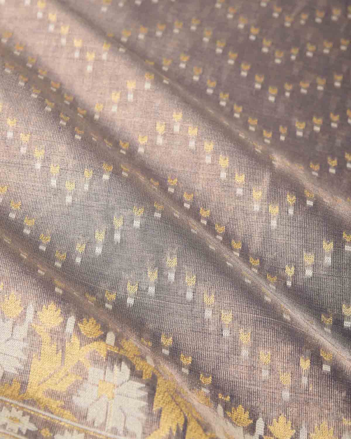 Metallic Blue-Gray Gold Zari And White Resham Chevron Buti Cutwork Brocade Woven Art Cotton Tissue Banarasi Saree-HolyWeaves