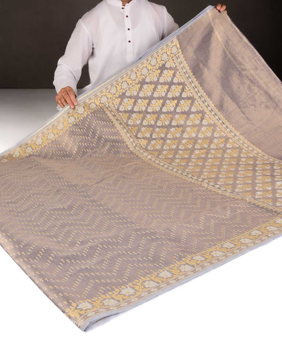 Metallic Blue-Gray Gold Zari And White Resham Chevron Buti Cutwork Brocade Woven Art Cotton Tissue Banarasi Saree-HolyWeaves