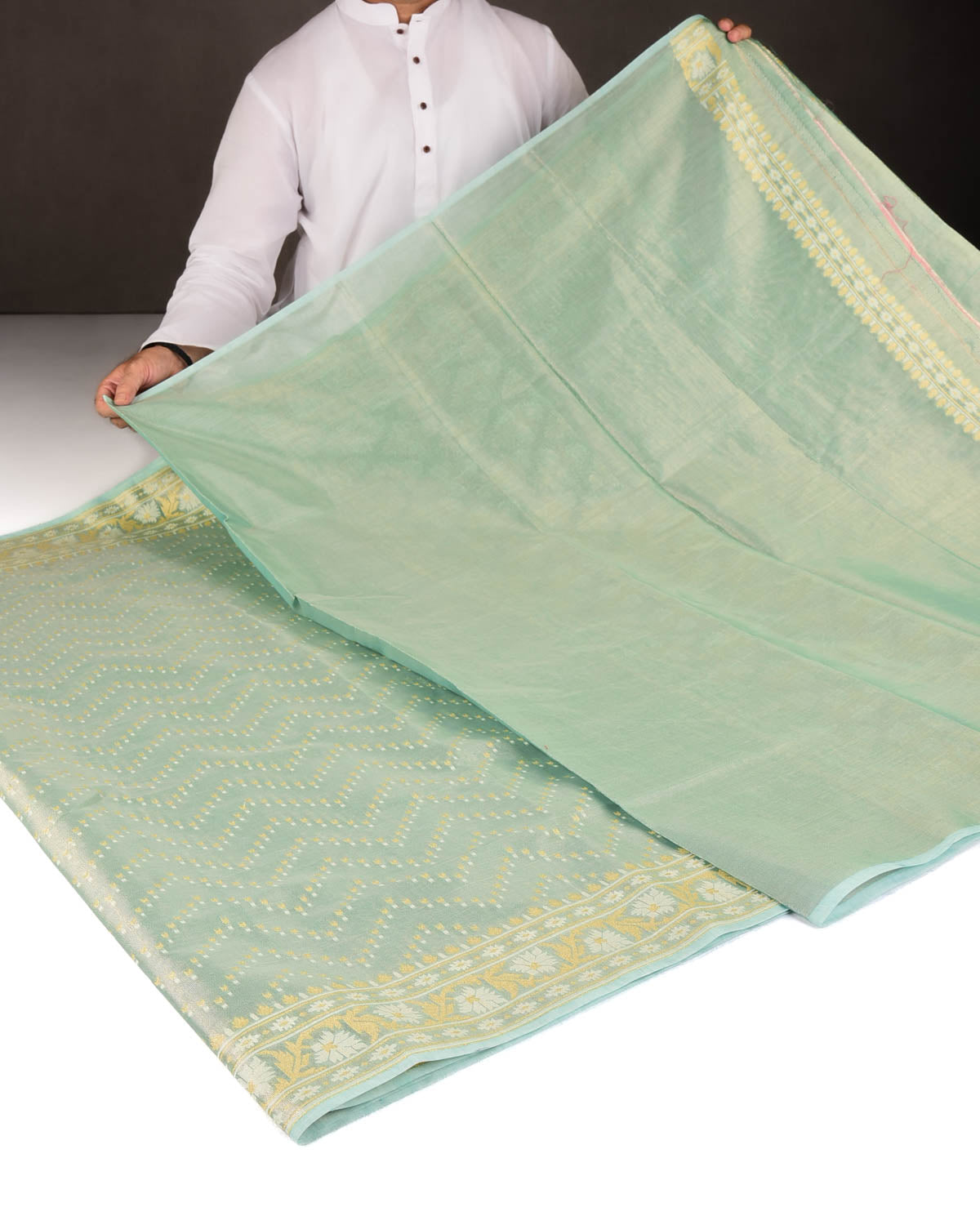 Metallic Green Gold Zari And White Resham Chevron Buti Cutwork Brocade Woven Art Cotton Tissue Banarasi Saree