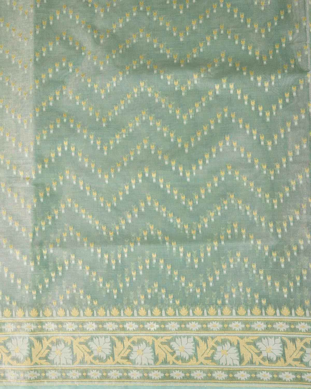 Metallic Green Gold Zari And White Resham Chevron Buti Cutwork Brocade Woven Art Cotton Tissue Banarasi Saree