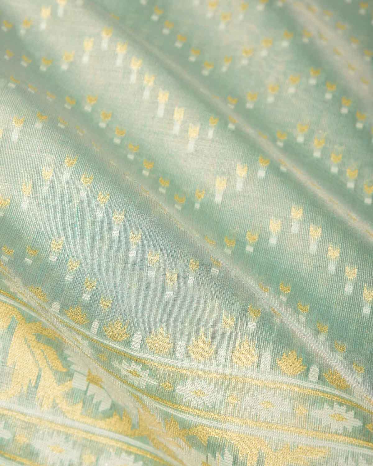 Metallic Green Gold Zari And White Resham Chevron Buti Cutwork Brocade Woven Art Cotton Tissue Banarasi Saree