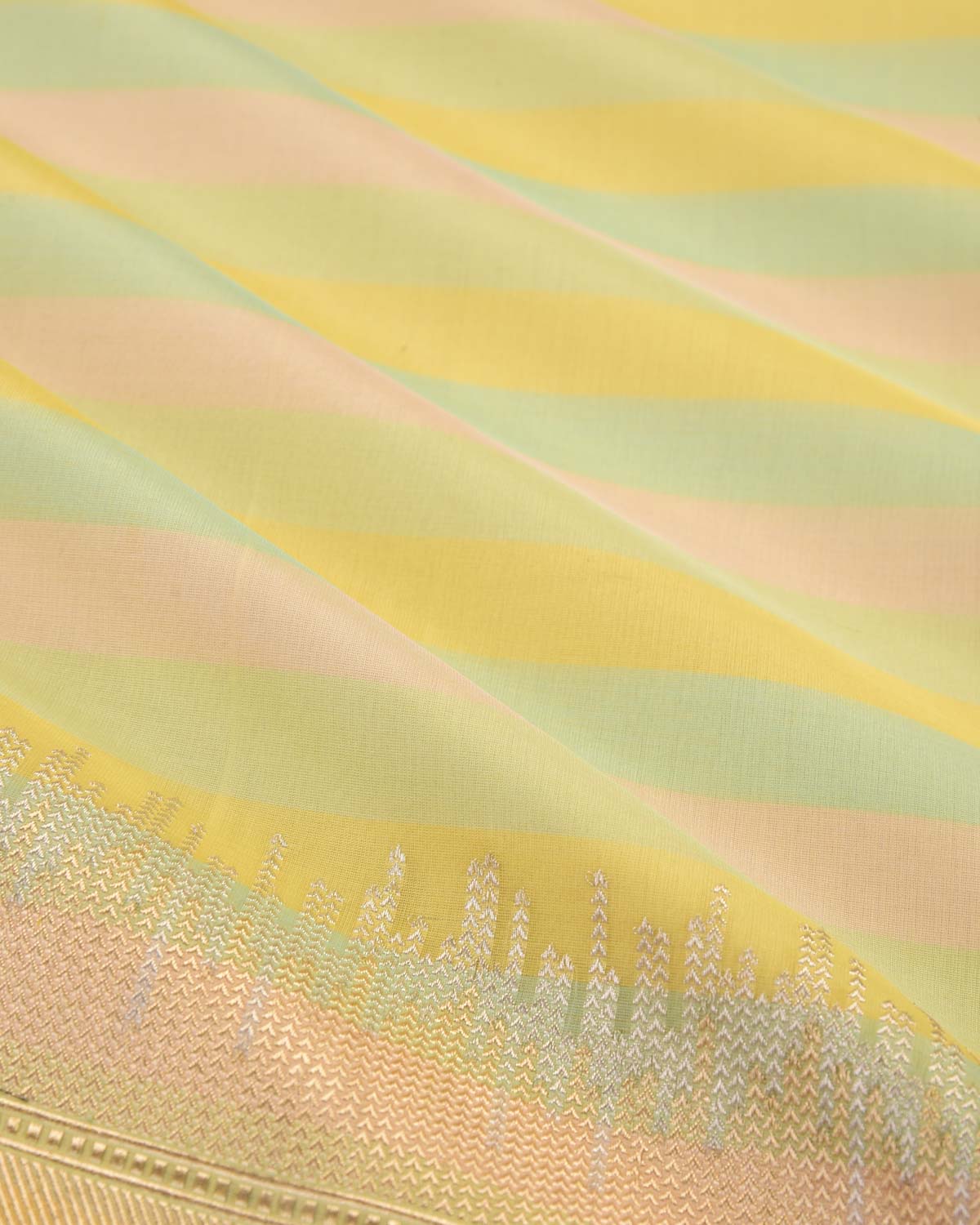 Multi-color Candy Stripes Kadhuan Brocade Handwoven Kora Silk Saree-HolyWeaves