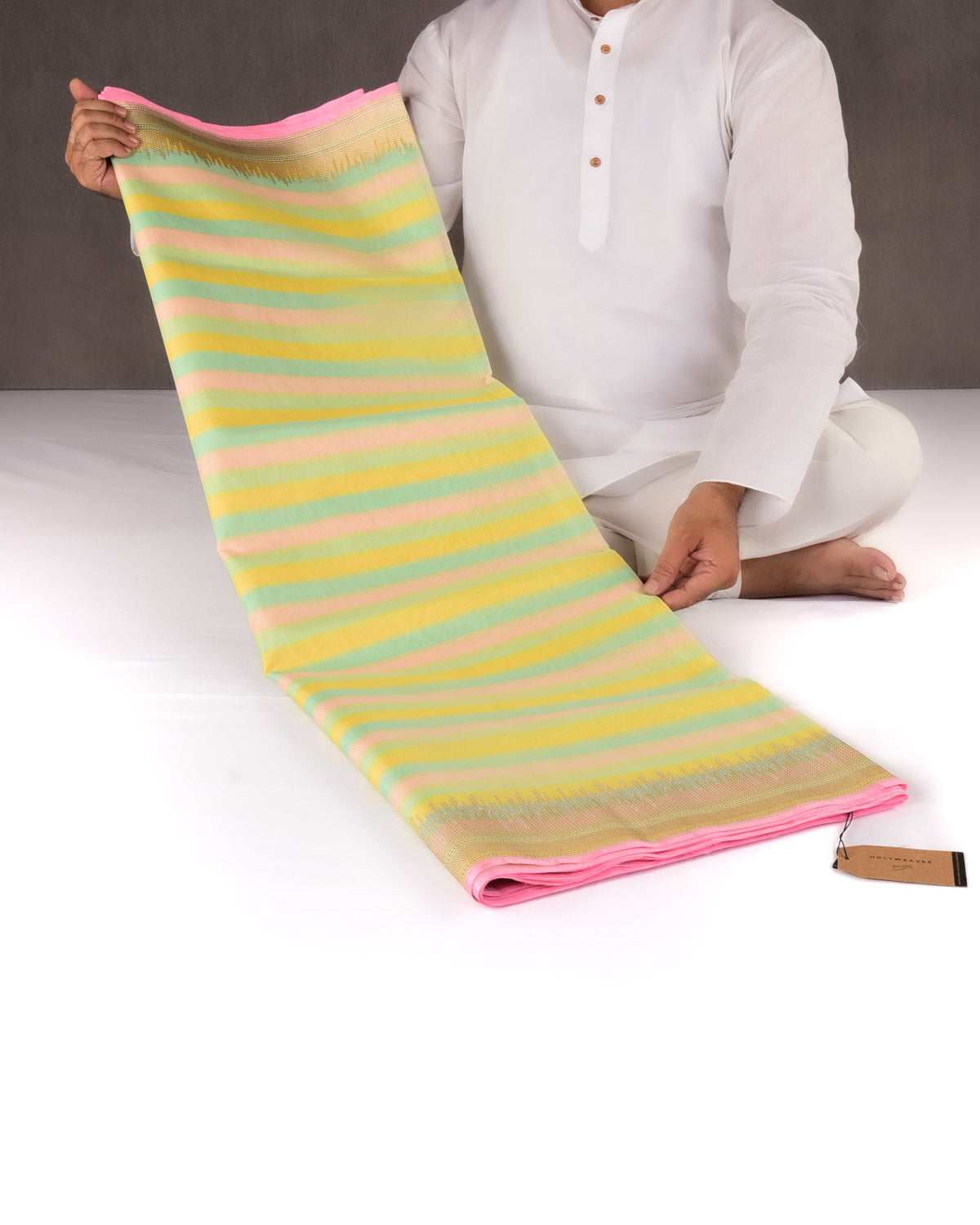 Multi-color Candy Stripes Kadhuan Brocade Handwoven Kora Silk Saree-HolyWeaves