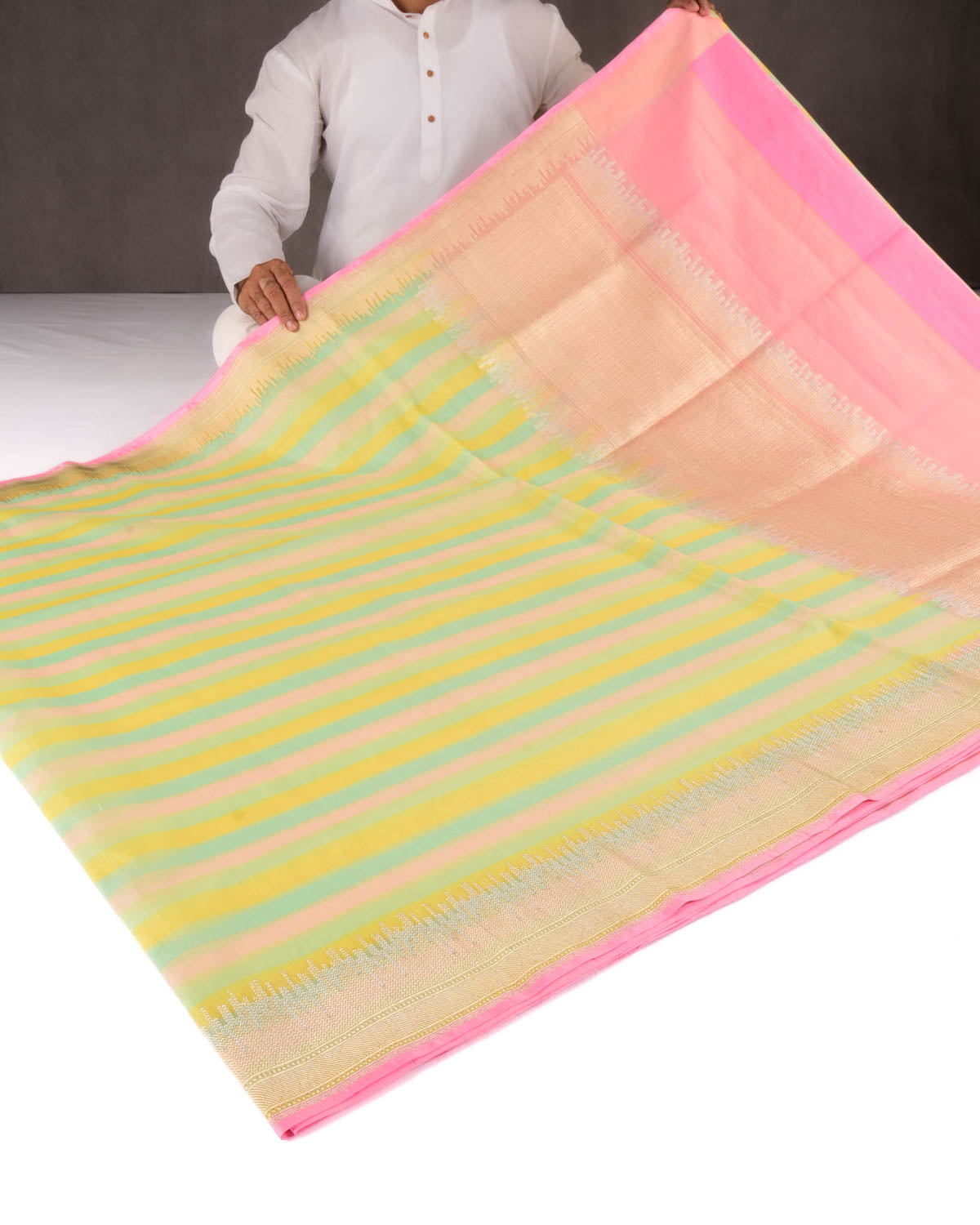 Multi-color Candy Stripes Kadhuan Brocade Handwoven Kora Silk Saree-HolyWeaves