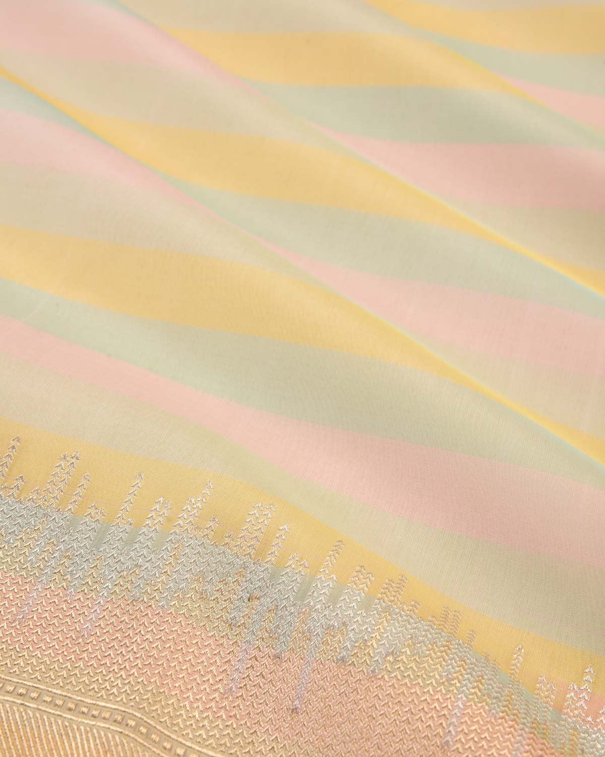 Pink Multi-color Candy Stripes Kadhuan Brocade Handwoven Kora Silk Saree-HolyWeaves