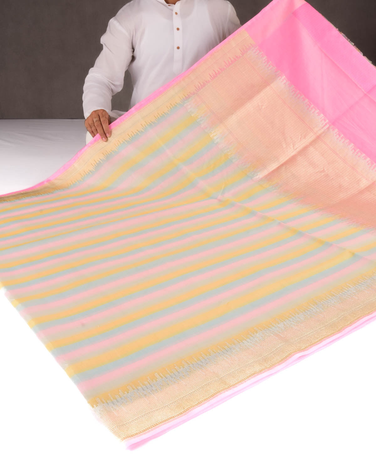 Pink Multi-color Candy Stripes Kadhuan Brocade Handwoven Kora Silk Saree-HolyWeaves