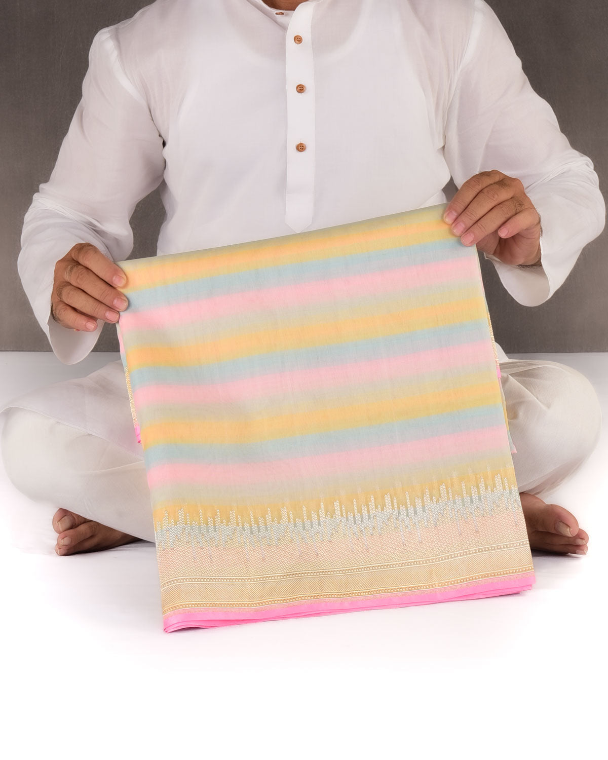 Pink Multi-color Candy Stripes Kadhuan Brocade Handwoven Kora Silk Saree-HolyWeaves