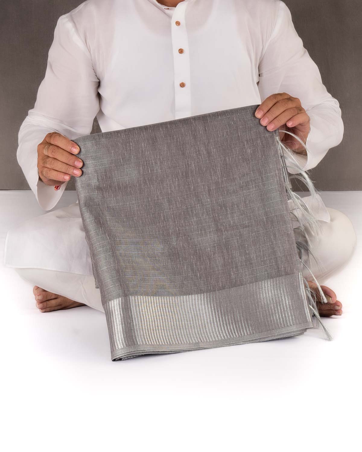 Metallic Gray Textured Silver Zari Brocade Banarasi Art Cotton Tissue Saree-HolyWeaves