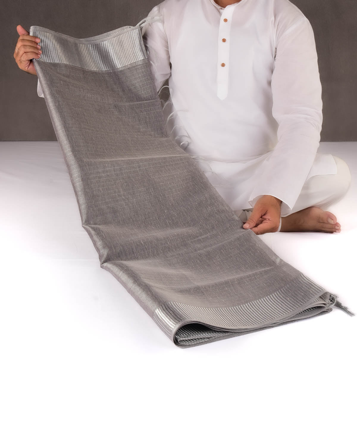 Metallic Gray Textured Silver Zari Brocade Banarasi Art Cotton Tissue Saree-HolyWeaves