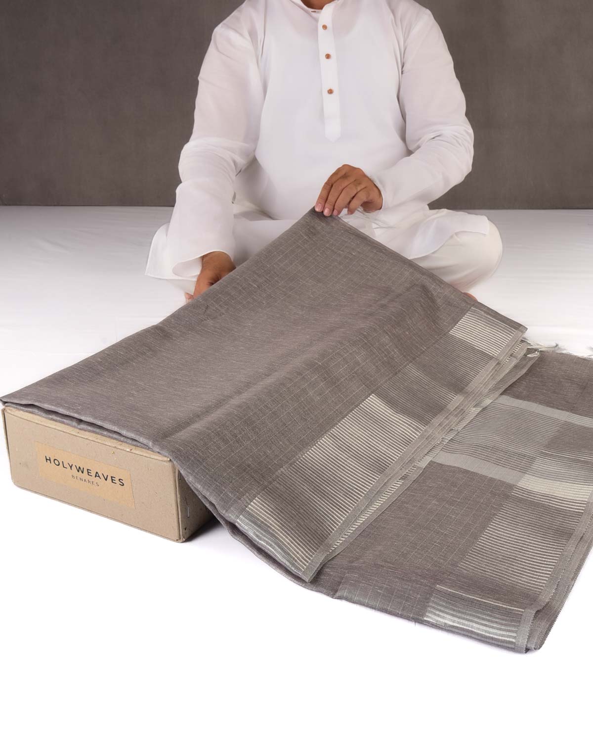 Metallic Gray Textured Silver Zari Brocade Banarasi Art Cotton Tissue Saree-HolyWeaves