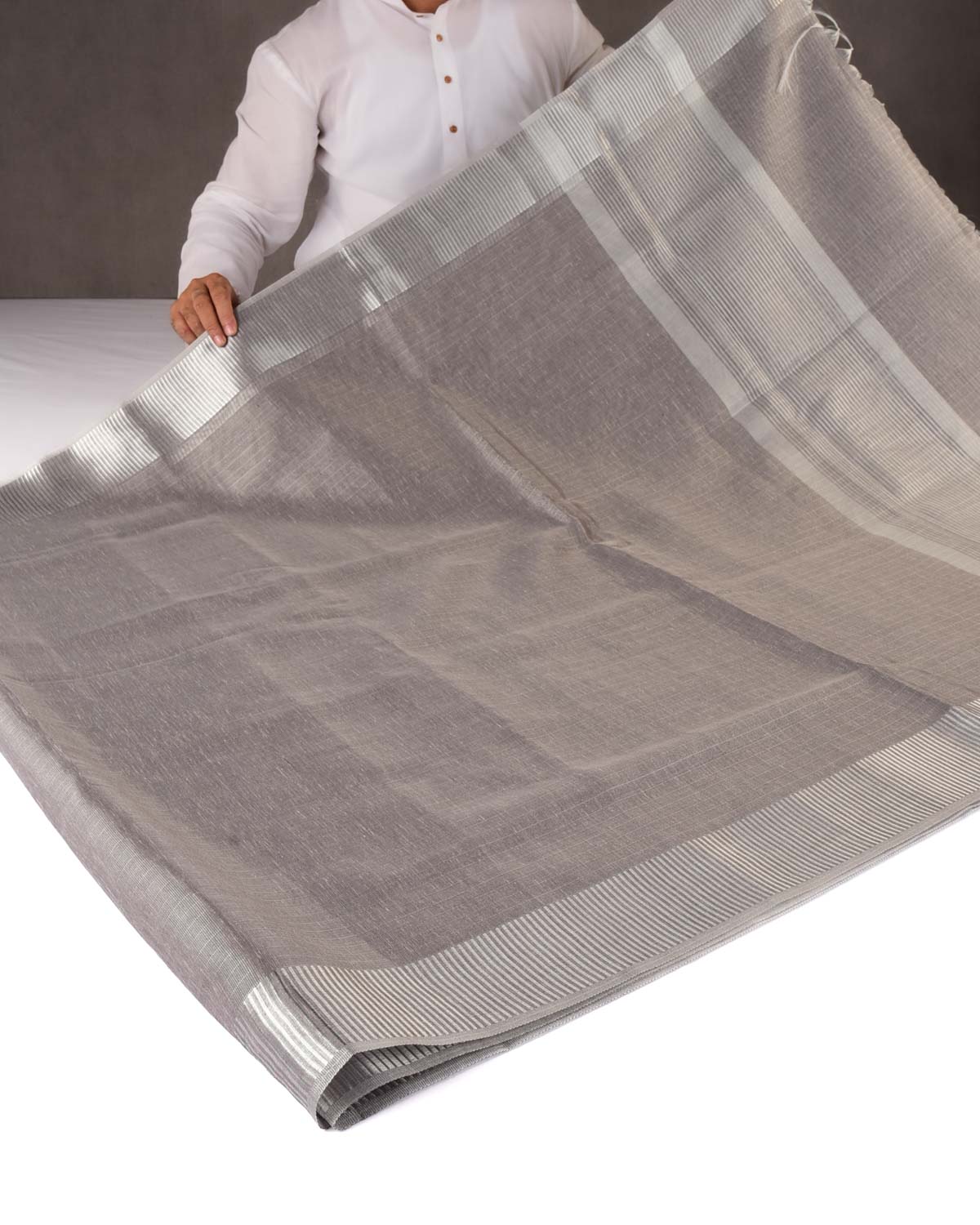 Metallic Gray Textured Silver Zari Brocade Banarasi Art Cotton Tissue Saree-HolyWeaves